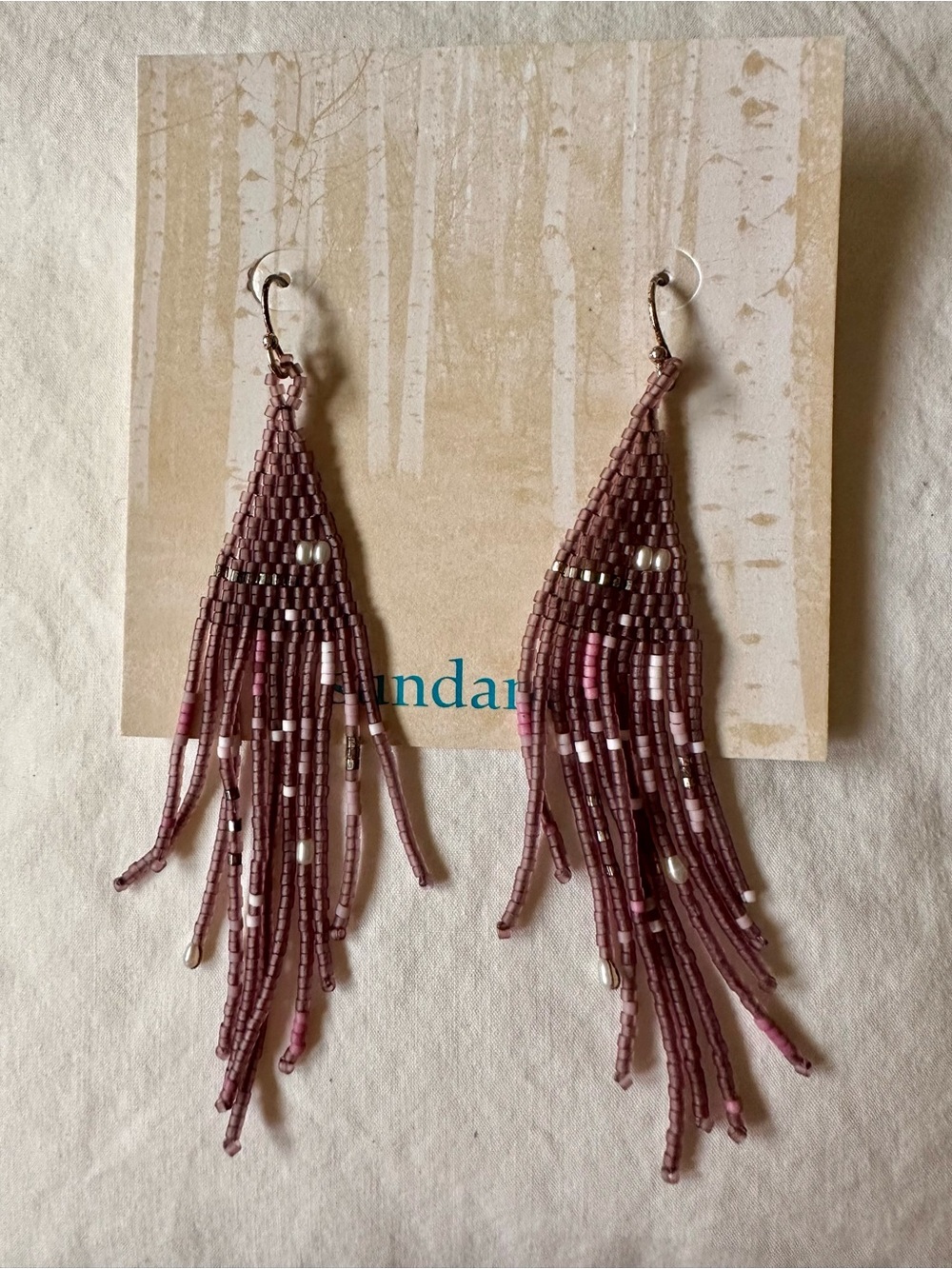 Handcrafted Mauve Beaded Fringe Earrings - Sundance NWT